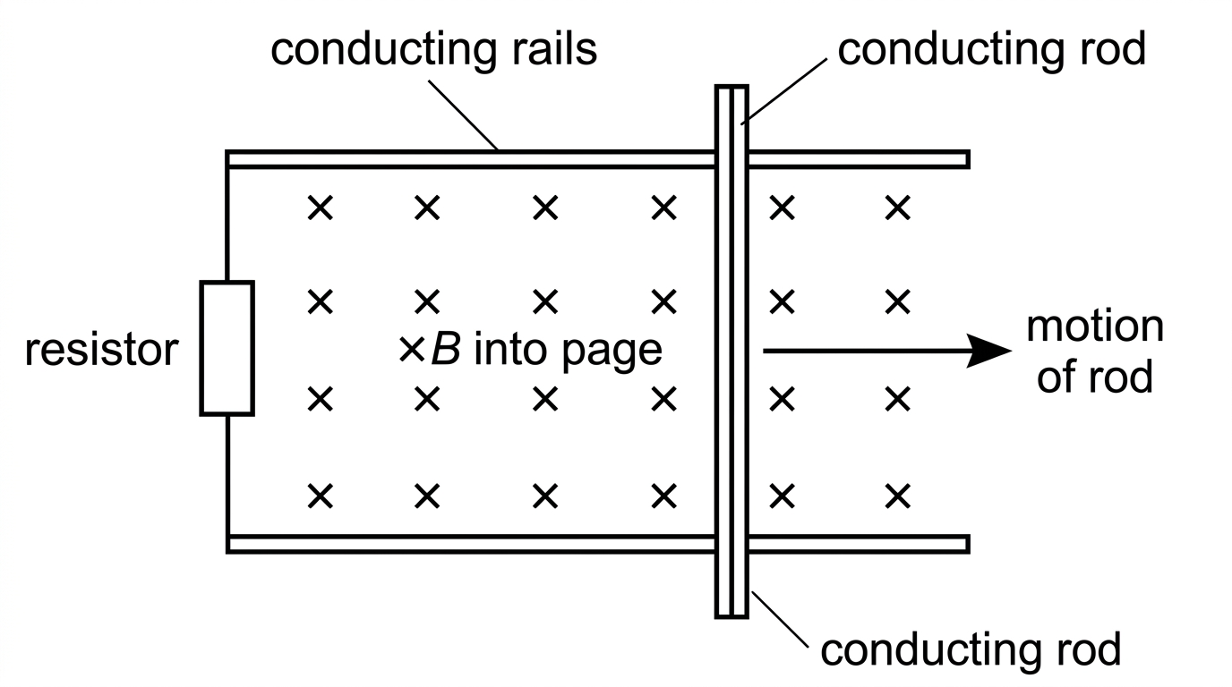 Diagram of a conducting rod sliding to the right on two rails connected by a resistor, with a uniform magnetic field into the page.