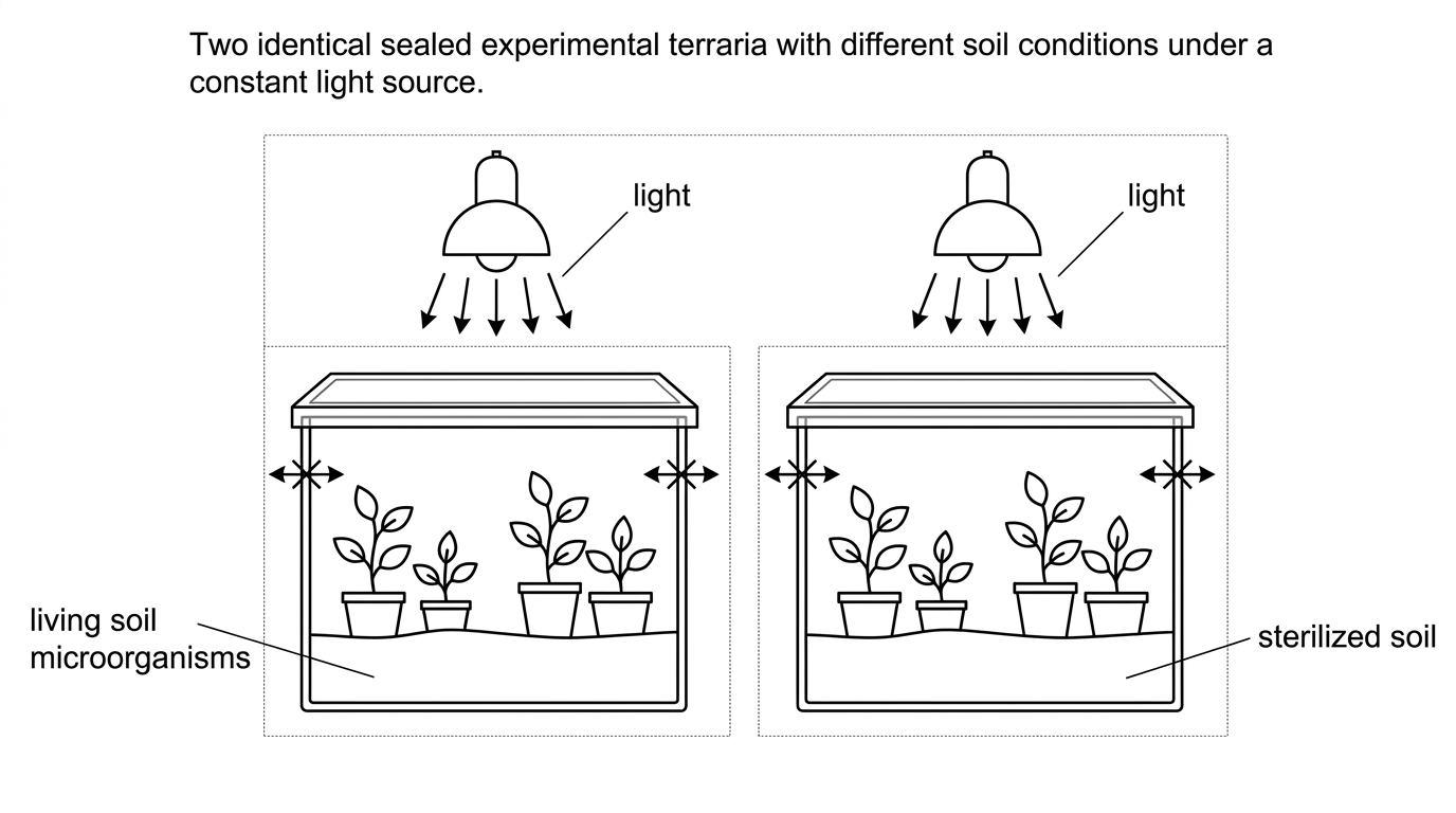 A paired experimental setup diagram showing two sealed transparent terraria under identical lamps. Both contain plants and soil. One terrarium is labelled as having living soil microorganisms and the other as sterilized soil. The diagram should indicate that light enters but no matter crosses the sealed boundary.