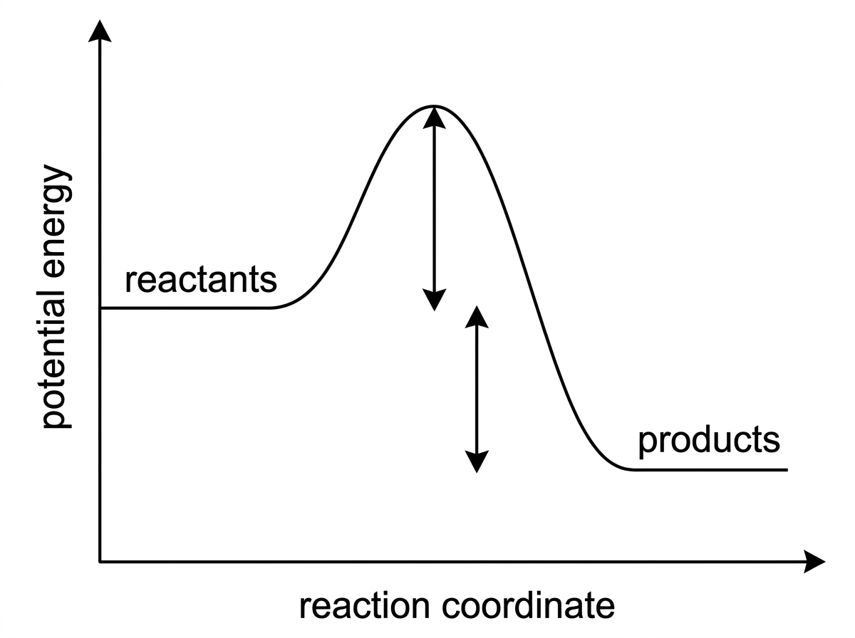 Energy profile diagram with potential energy on the y-axis and reaction coordinate on the x-axis; reactants and products are labelled at different heights; a single peak is shown with two unlabeled vertical arrows, one from reactants to peak and one between reactants and products.