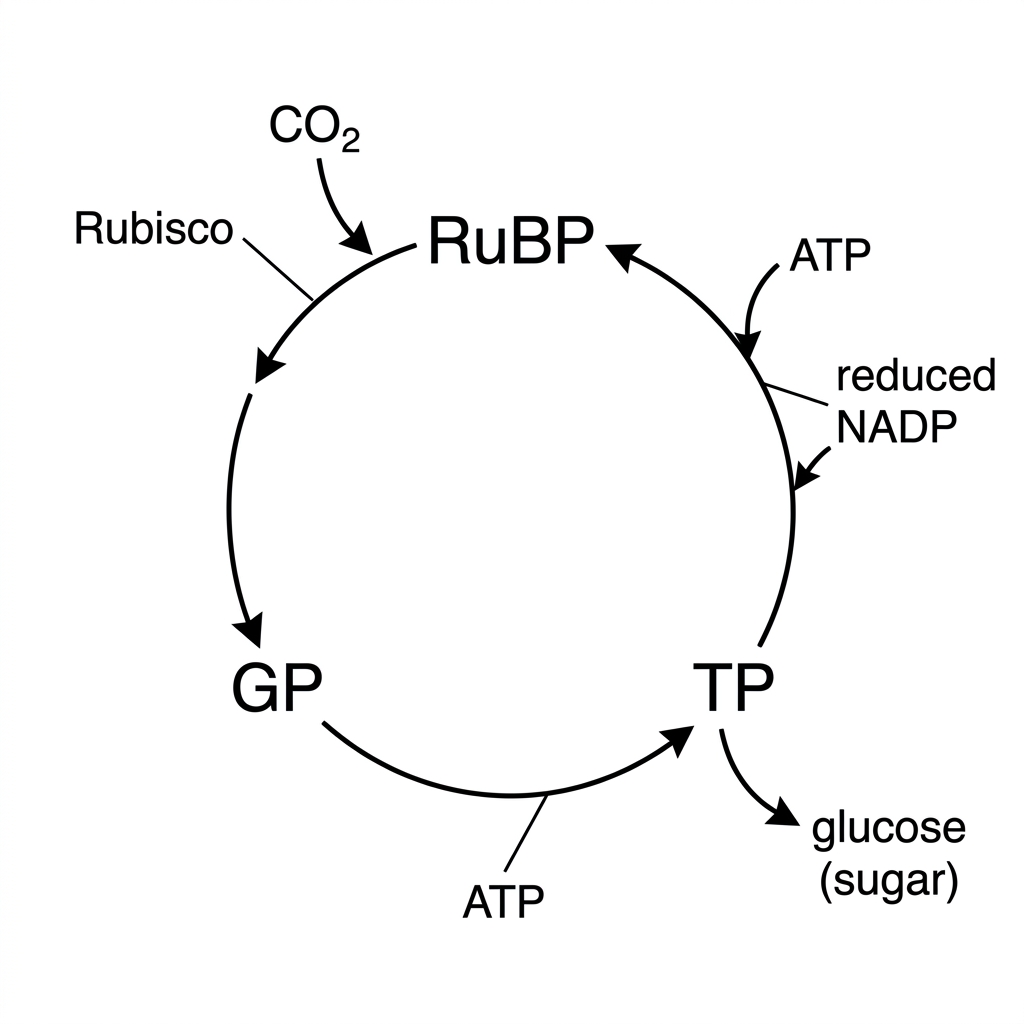 A simplified Calvin cycle diagram showing carbon dioxide entering, RuBP, GP, TP, regeneration of RuBP, and inputs of ATP and reduced NADP. The diagram should use labels only and should not show all stoichiometric details.