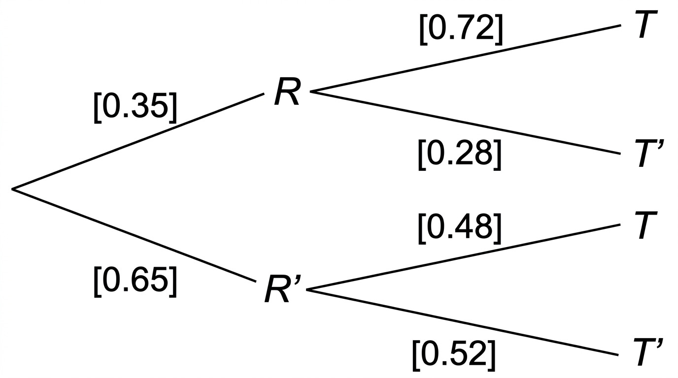 A two-stage probability tree. The first branches are red flowers R and not red R'. Each then branches to tall T and not tall T', with the conditional probabilities from the question.