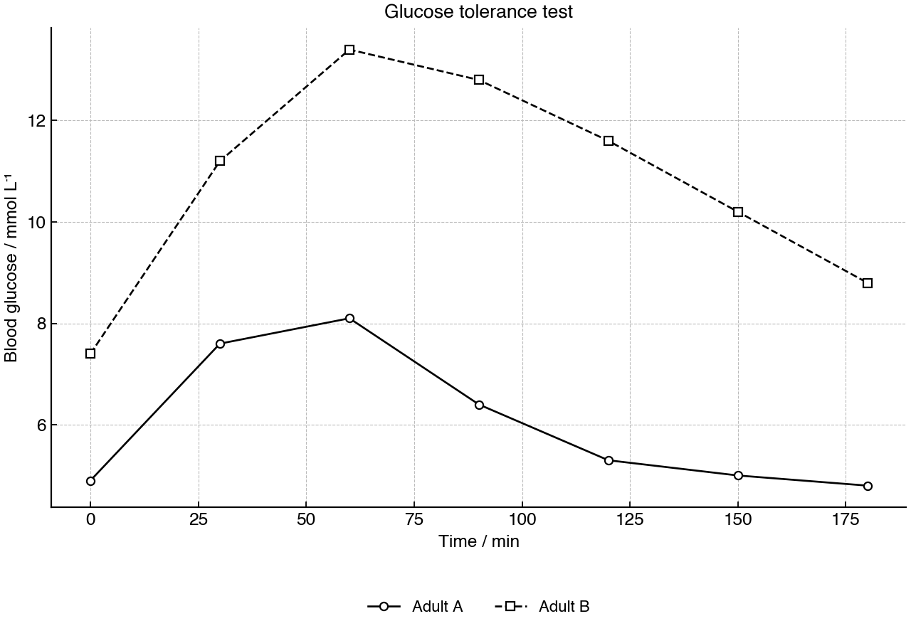 Blood glucose concentrations in two adults after drinking the same glucose solution.
