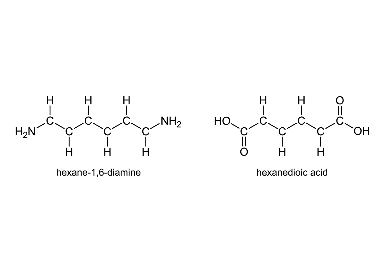 Displayed structural formulas of hexane-1,6-diamine and hexanedioic acid. The diamine should show amino groups at both ends of a six-carbon chain. The dicarboxylic acid should show carboxyl groups at both ends of a six-carbon chain. No polymer structure is shown.