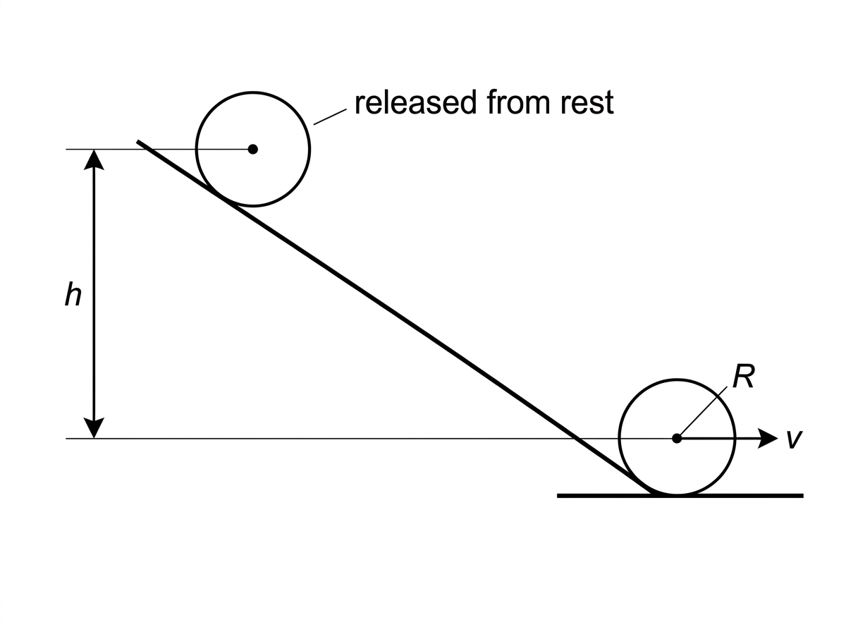 Inclined ramp with a solid cylinder rolling down from rest through a vertical height h; radius R and centre-of-mass speed v at the bottom labelled.
