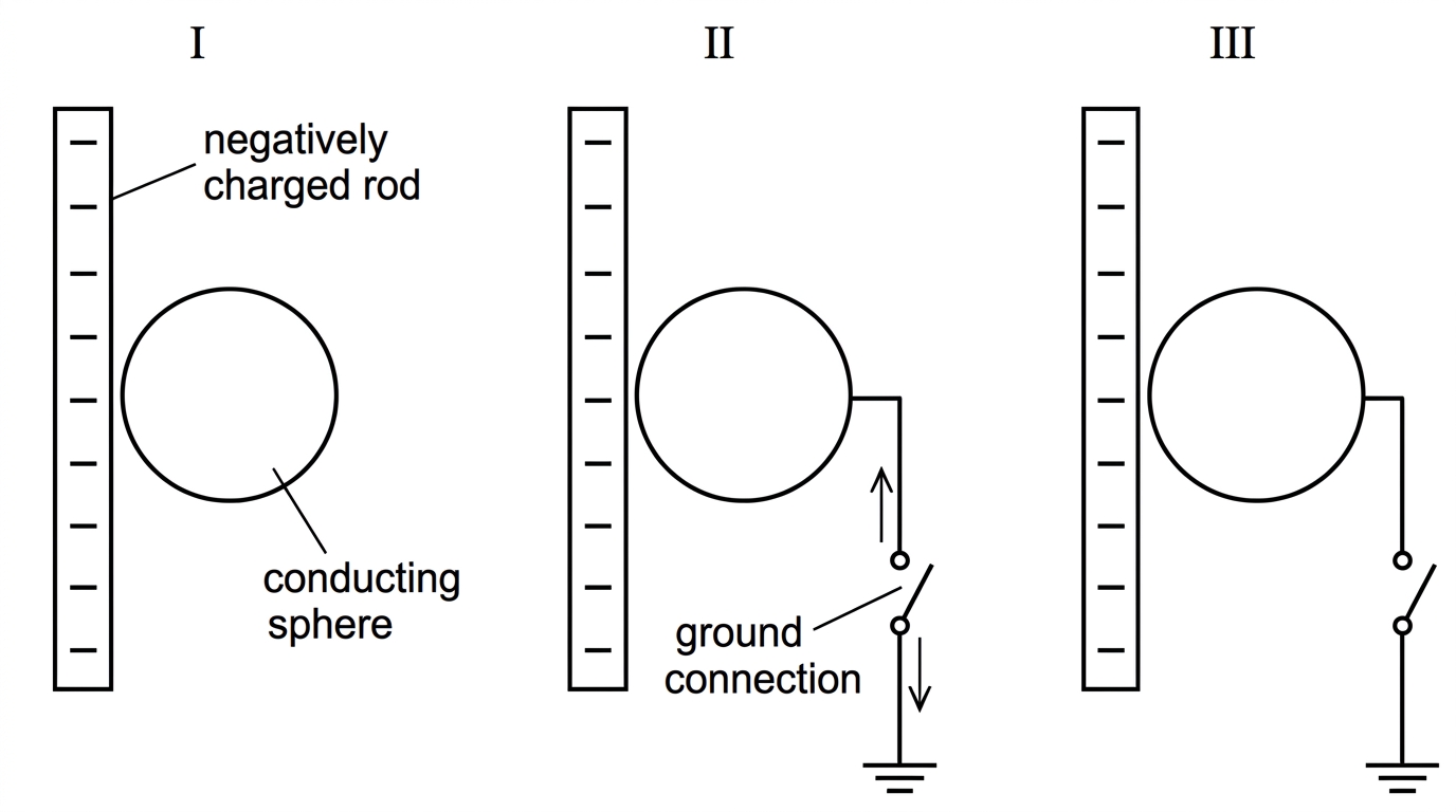 Sequence-style diagram of a negatively charged rod near a conducting sphere connected by a switchable ground wire, with arrows for possible electron flow left for the renderer.