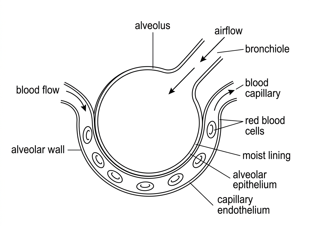 A labelled biological diagram of a single alveolus with a thin epithelial wall, surrounding capillary, red blood cells, moist lining and a nearby bronchiole; arrows show airflow into the alveolus and blood flow past it without showing diffusion directions as the answer.