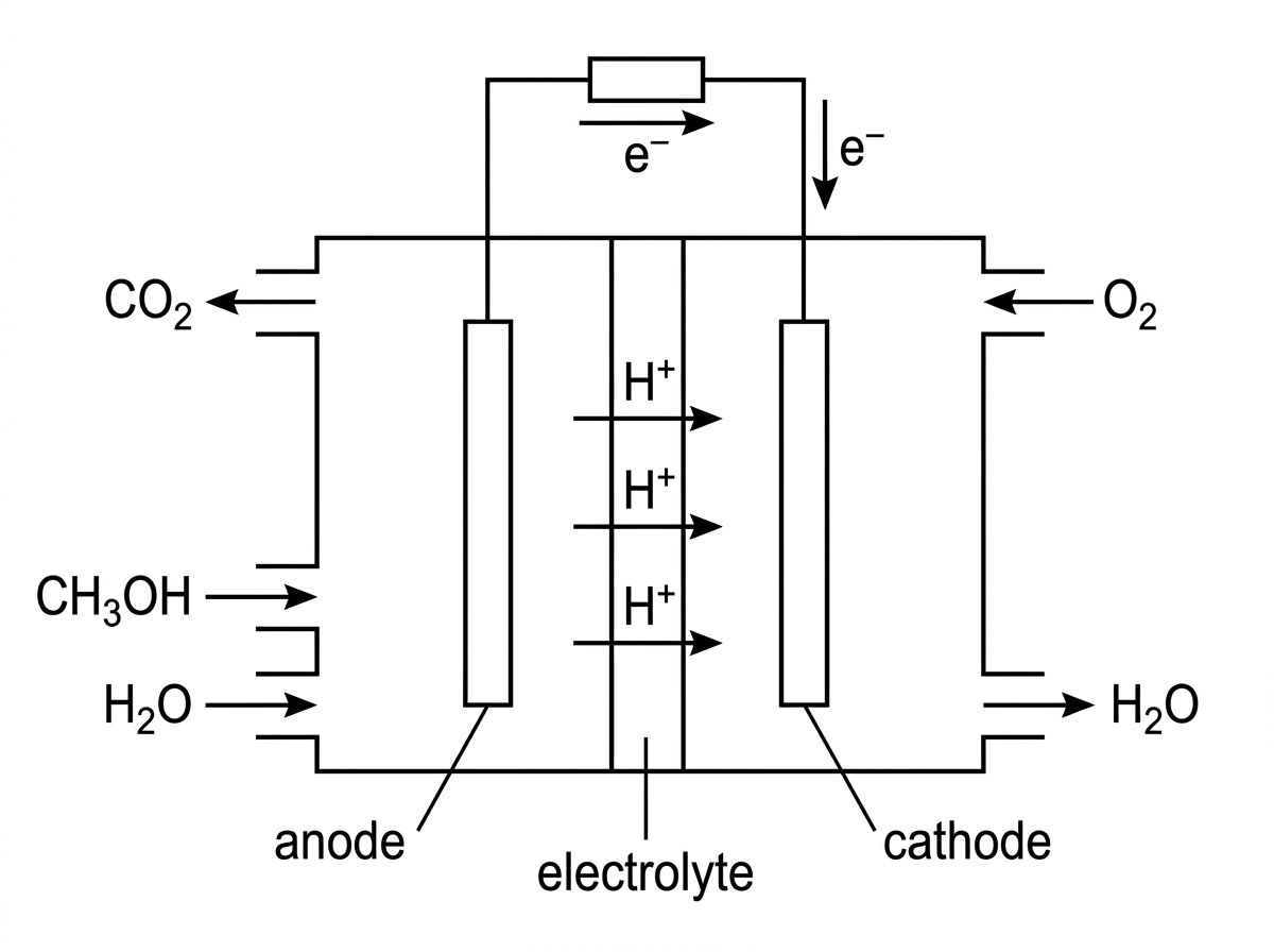 Schematic of acidic direct methanol fuel cell showing methanol and water entering anode compartment, carbon dioxide leaving anode, oxygen entering cathode, water leaving cathode, electron flow through external circuit, and H⁺ transfer through electrolyte; no half-equations printed.