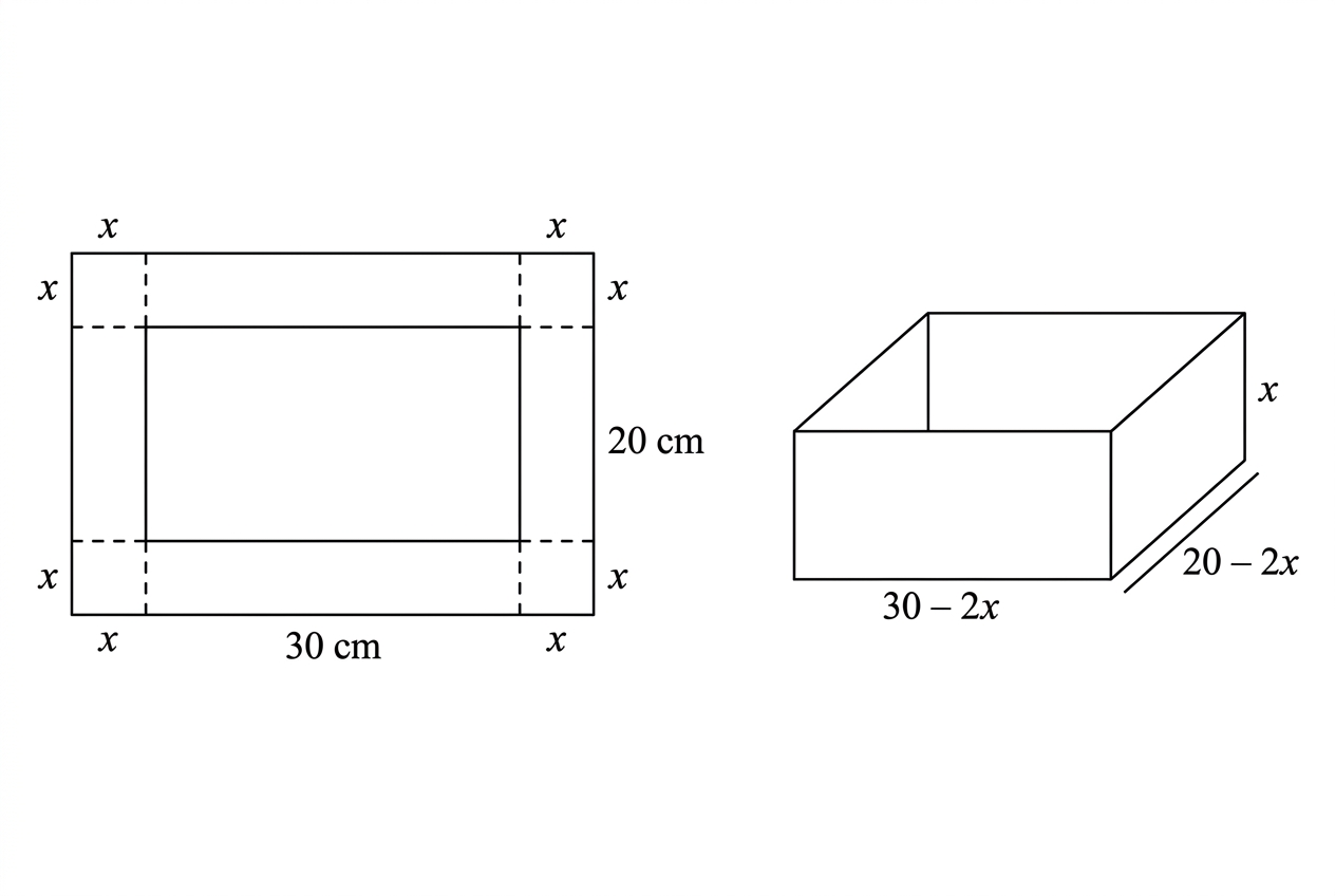 A rectangular sheet measuring $30$ cm by $20$ cm with four corner squares of side $x$ removed, together with the resulting open box labelled with height $x$ and base dimensions $30-2x$ and $20-2x$.