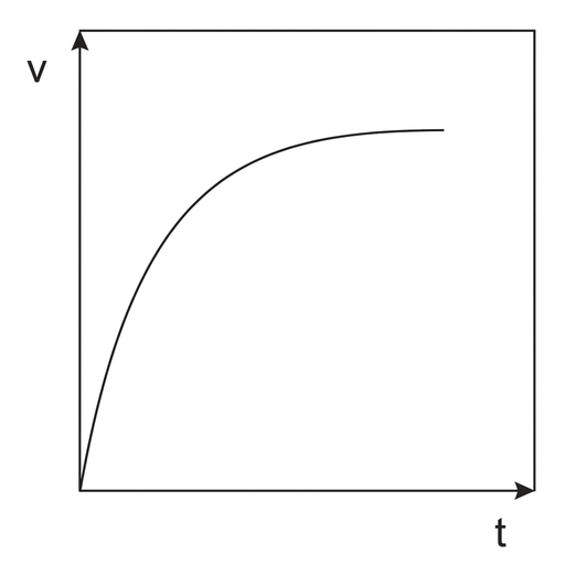 A speed-time graph with axes labelled $v$ and $t$. The plotted curve starts at the origin with a steep positive gradient, then bends over and approaches a horizontal line representing a constant terminal speed.