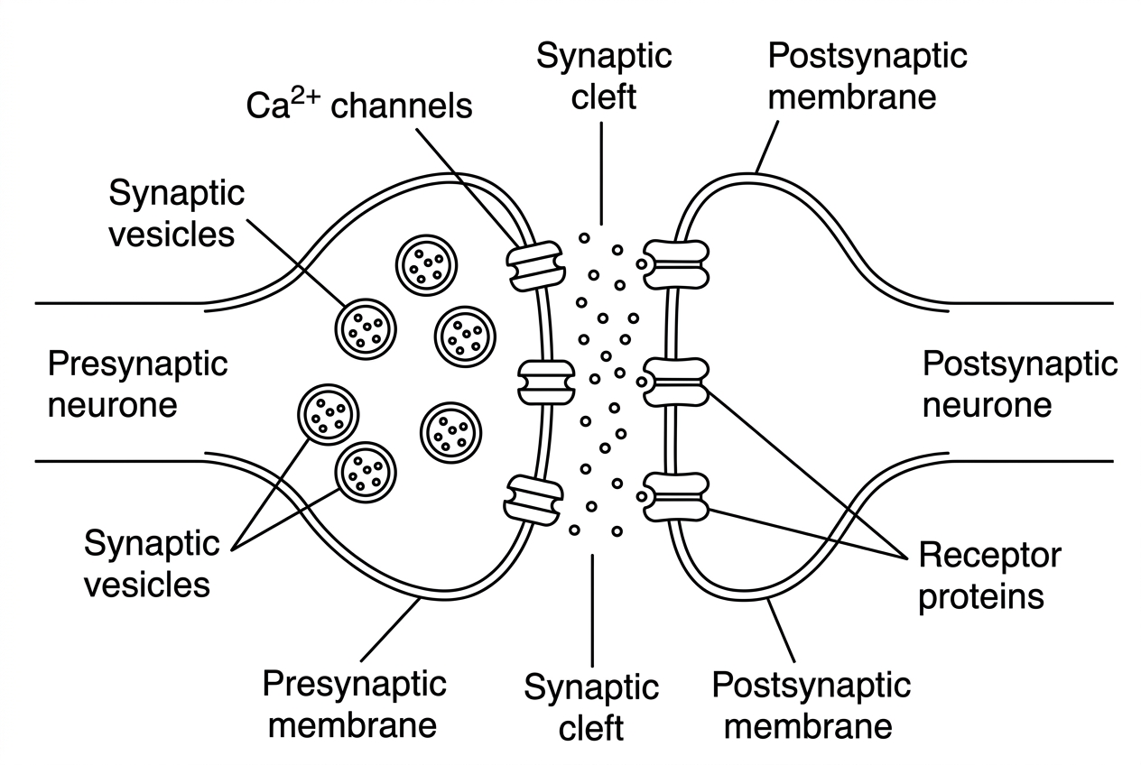 A synapse diagram showing a presynaptic terminal with synaptic vesicles, a presynaptic membrane, synaptic cleft, and postsynaptic membrane with receptor proteins. Calcium channels are present in the presynaptic membrane, and neurotransmitter molecules are shown in vesicles and in the cleft. The side carrying vesicles and the side carrying receptors should be visually distinct but not fully labelled with the sequence of events.