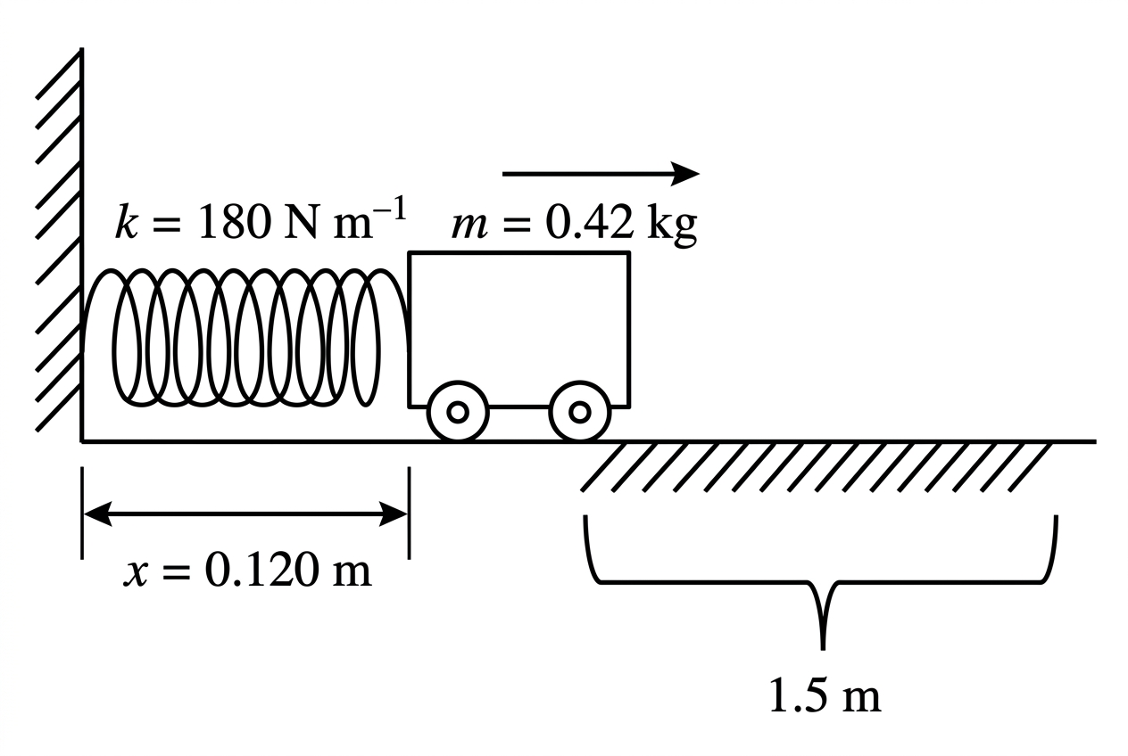 Side-view diagram of a trolley in contact with a compressed horizontal spring attached to a fixed wall. The compression of the spring is labelled. A rough section of track is shown after the launcher with a bracket indicating its length. A motion arrow points away from the spring along the track.