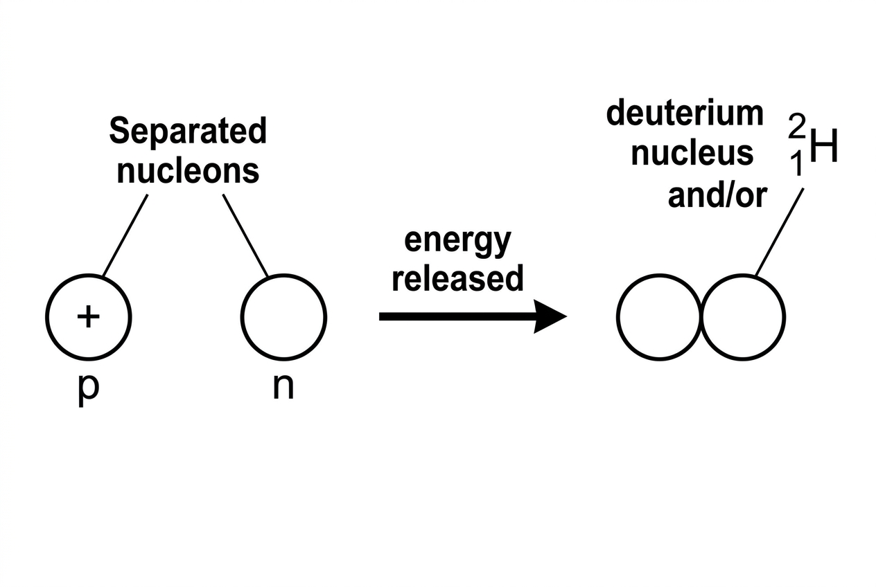 A simple schematic showing a separated proton and neutron on the left and a bound deuterium nucleus on the right. An arrow points from separated nucleons to the bound nucleus. A label indicates that energy is released when the bound nucleus forms, but no numerical value is shown.