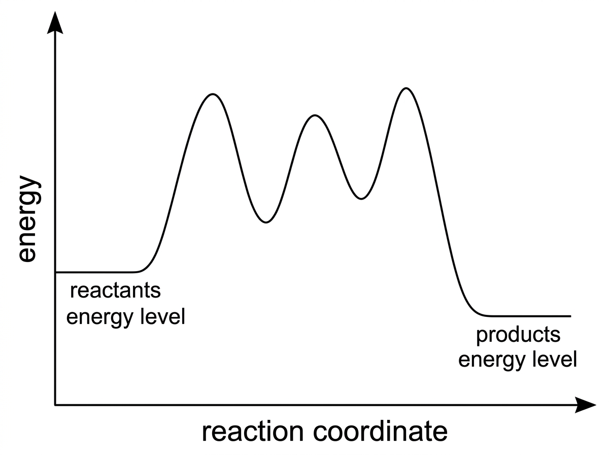 A generic multistep energy profile with energy on the vertical axis and reaction coordinate on the horizontal axis; three peaks and two valleys are visible but not numerically labelled.