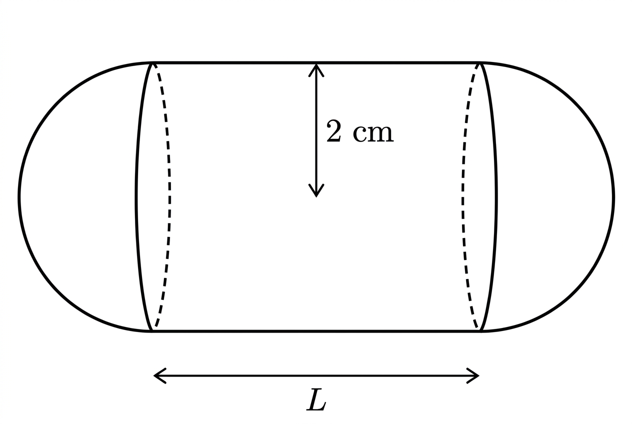 A capsule formed from a central right cylinder and two hemispherical ends of equal radius. The cylindrical length and common radius are labelled, with the joins shown as internal.