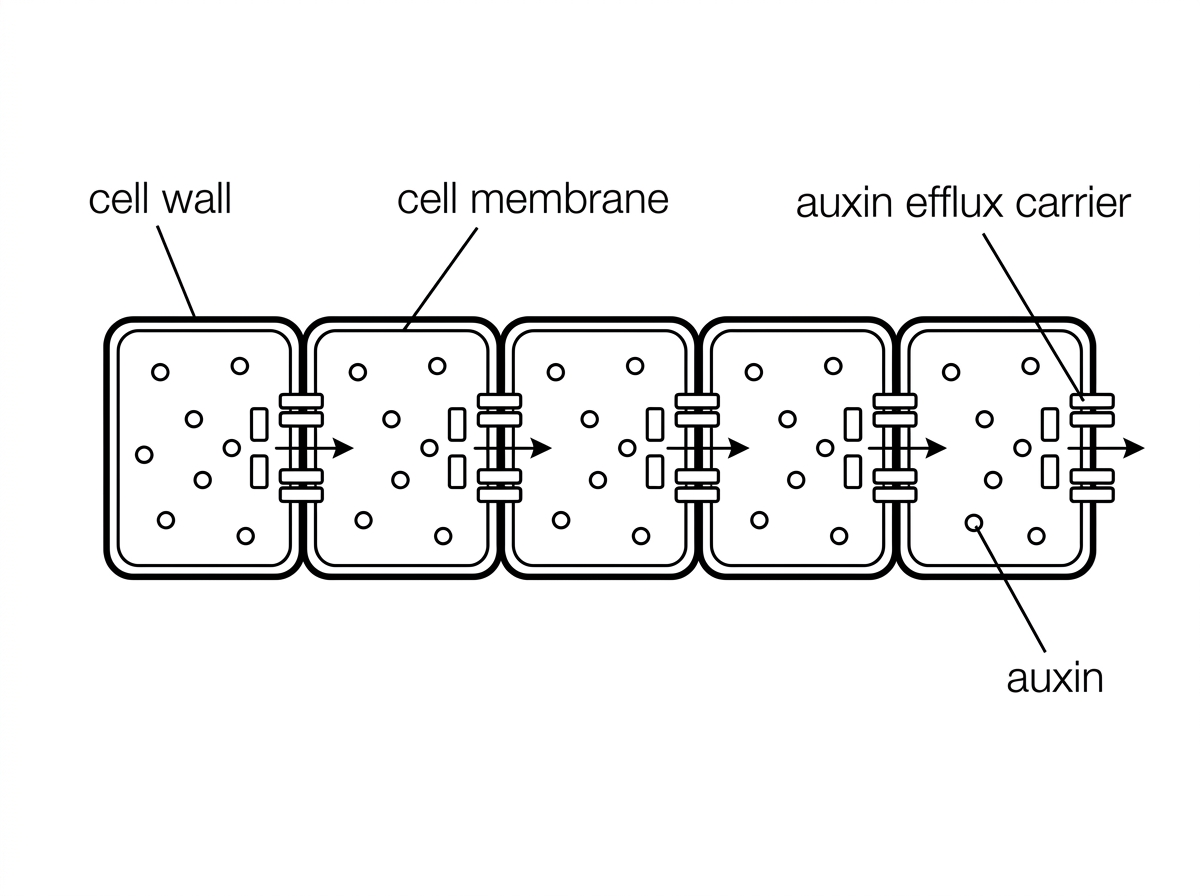Diagram of a row of adjacent plant cells. Auxin efflux carrier proteins are shown concentrated on the same side of each cell membrane, with small arrows indicating auxin movement from cell to cell in one direction. Do not show the final auxin concentration pattern explicitly.