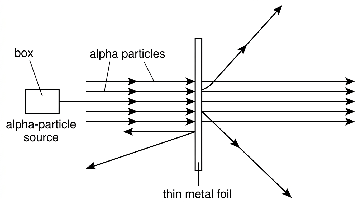 A labelled schematic of alpha particles incident on a thin metal foil, with most particles passing straight through and a few being deflected through large angles or reflected.