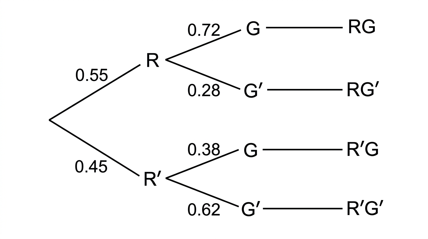 A probability tree for the original model in parts (a) and (b), showing the classification of a seed first by round or non-round and then by whether it germinates, with branches labelled using the probabilities given in the question. For part (c), replace the branch labelled $0.38$ by $q$ and the complementary branch labelled $0.62$ by $1-q$.