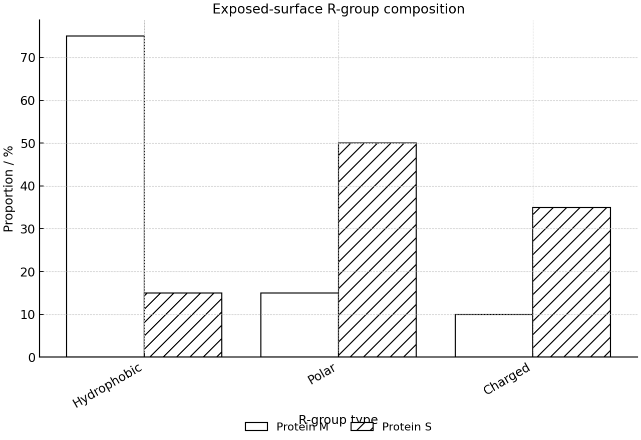 Exposed-surface R-group composition of proteins M and S.