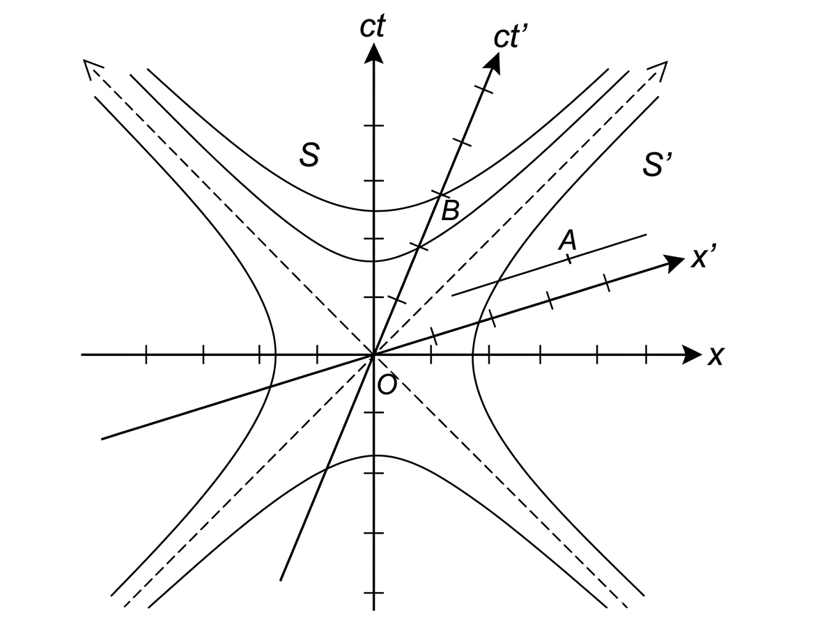 A calibrated spacetime diagram with x and ct axes for S, tilted x' and ct' axes for S', photon lines at 45 degrees, and invariant hyperbolas marking equal spacetime interval; include two labelled events, one lying on a line parallel to the x' axis and another near the ct' axis.