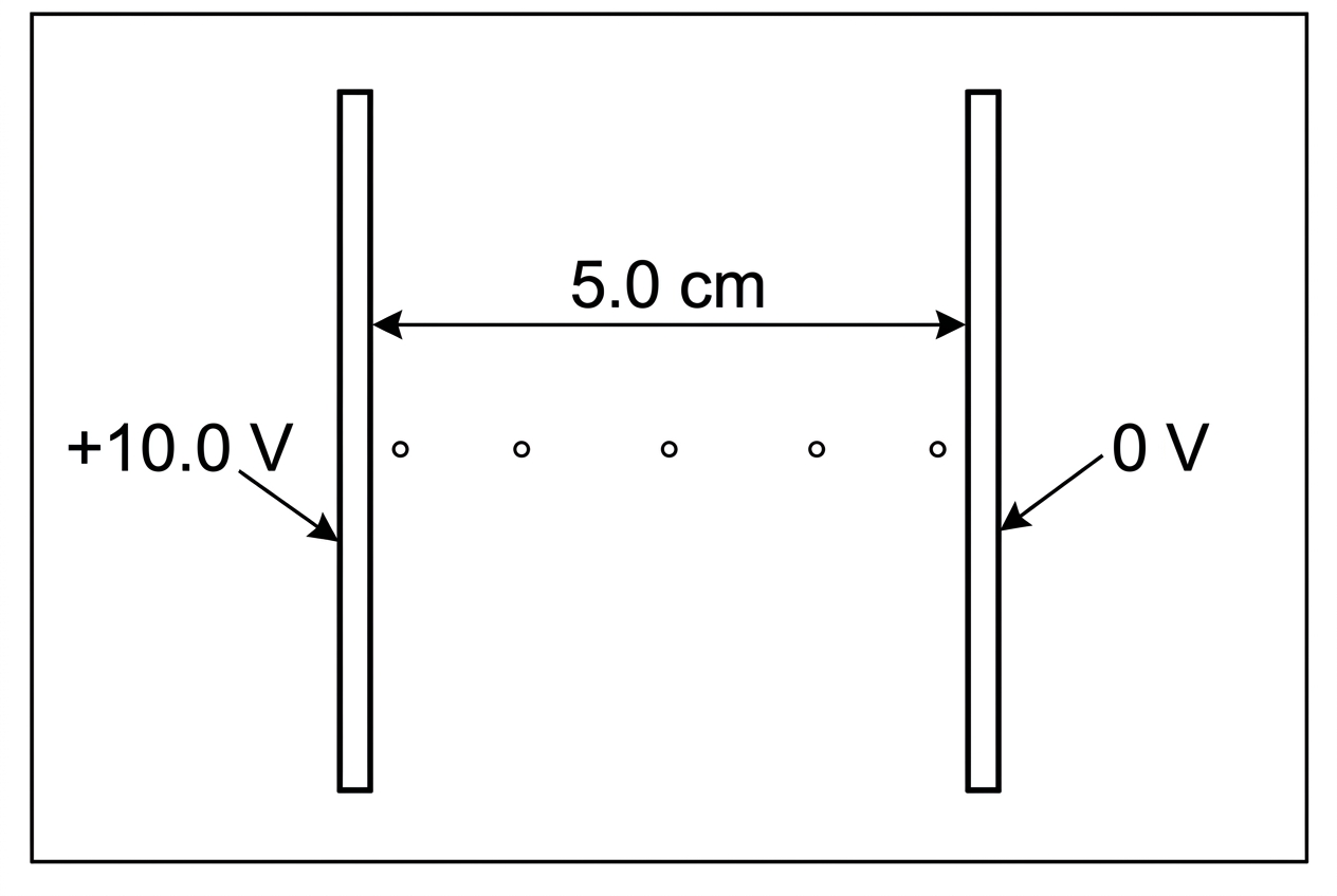 A top-view diagram of conducting paper with two long parallel straight electrodes separated by a labelled distance of $5.0\ \text{cm}$. The left electrode is labelled $+10.0\ \text{V}$ and the right electrode is labelled $0\ \text{V}$. Several blank points are available between the electrodes for plotting equipotentials, but no equipotential or field lines are drawn.