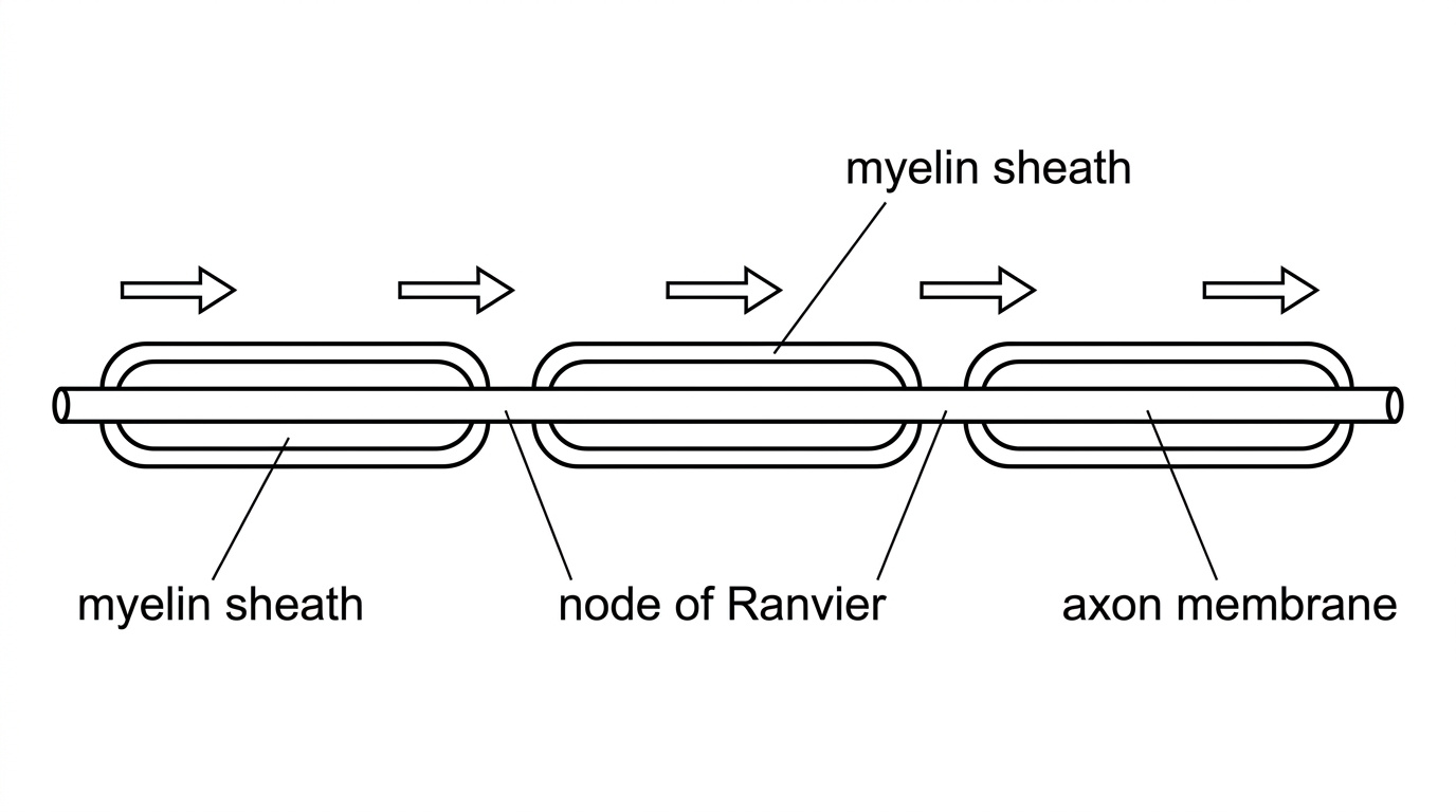 A longitudinal diagram of a myelinated axon showing myelin-covered internodes and exposed nodes of Ranvier, with arrows indicating direction of impulse propagation; labels should mark node, myelin sheath and axon membrane without explaining the process.