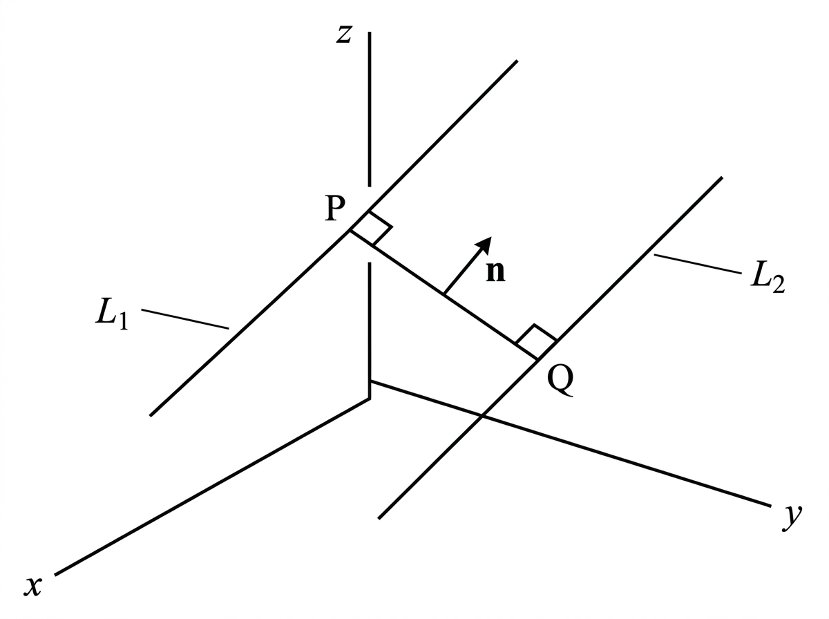 A three-dimensional diagram showing two straight lines labelled $L_1$ and $L_2$. A shortest connecting segment $PQ$ is drawn perpendicular to both lines.