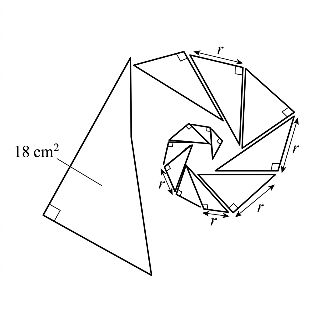 A logo made from a decreasing sequence of similar right triangles arranged along a spiral-like path. The first triangle is labelled with area $18\ \text{cm}^2$, and the scale factor between consecutive triangles is labelled $r$.