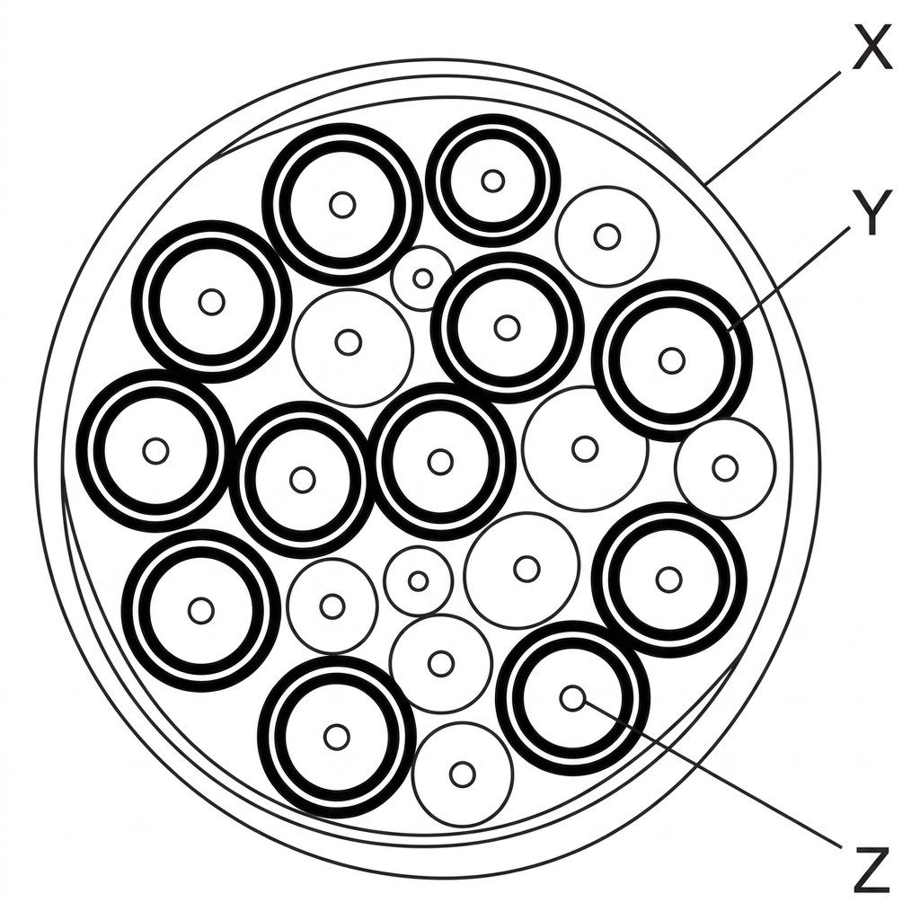 Transverse section drawing of a peripheral nerve with an outer protective sheath surrounding many circular nerve fibres. Some fibres have a thick ring around a central axon to show myelinated fibres, while others lack this ring to show unmyelinated fibres. Include three label lines marked X, Y and Z pointing respectively to the outer sheath, a myelinated fibre and an unmyelinated fibre, without naming them.