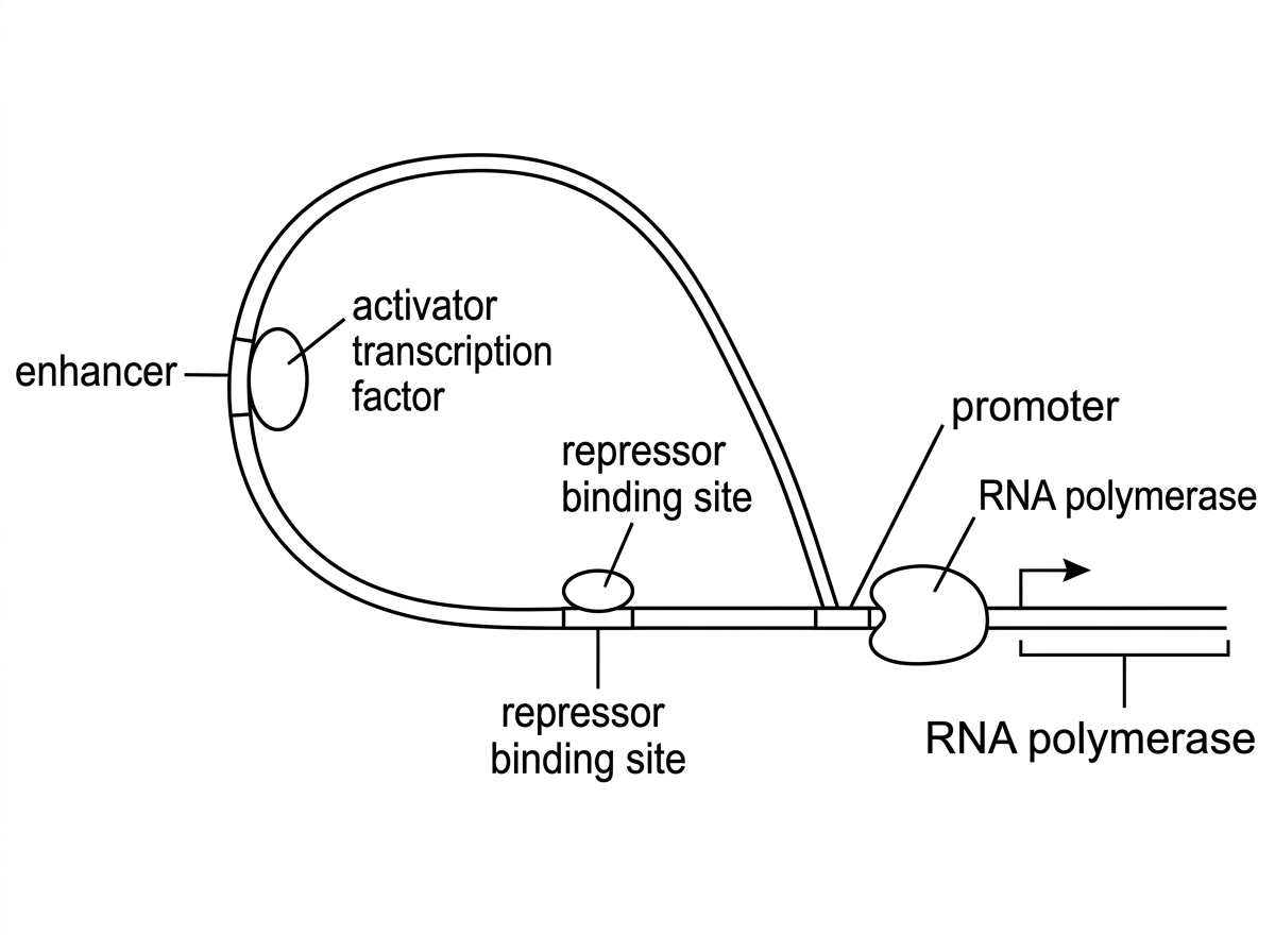 Generic eukaryotic gene regulation diagram with labelled promoter, distant enhancer, activator transcription factor, repressor binding site, RNA polymerase, and a looped DNA configuration. The diagram should not indicate which labels are being asked for.