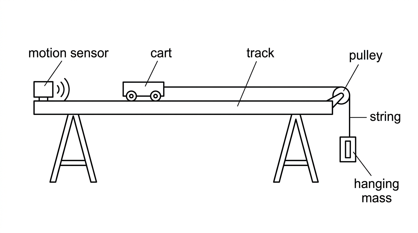 Laboratory setup with cart on a track connected over a pulley to a hanging mass; motion sensor or light gate indicated.