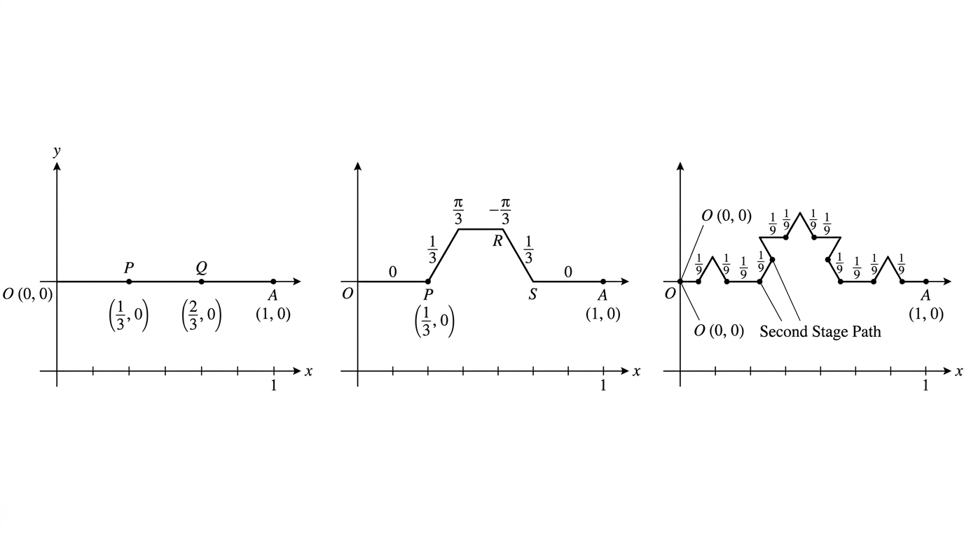 The initial segment and the first two stages of a Koch-type path, with the four replacement segments and their relative directions indicated.