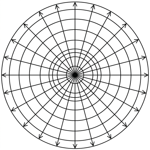 A point source at the centre with several concentric circular wavefronts. Draw straight rays starting at the source and pointing radially outwards, crossing every circular wavefront at right angles.