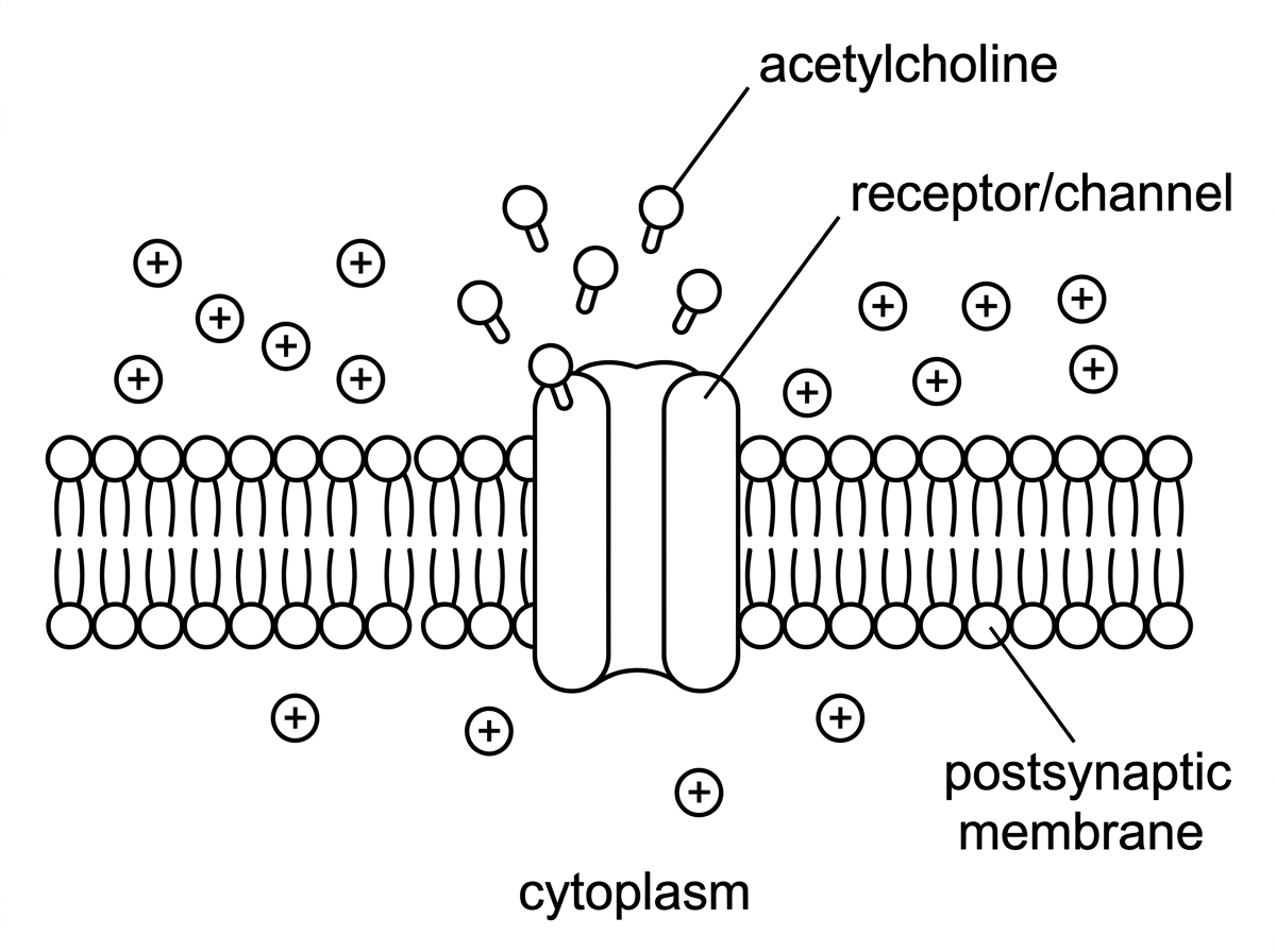 Diagram of a postsynaptic plasma membrane with an acetylcholine receptor shown as a ligand-gated ion channel, acetylcholine molecules outside the cell, and positively charged ions outside and inside the cell; labels should include acetylcholine, receptor/channel, postsynaptic membrane and cytoplasm.