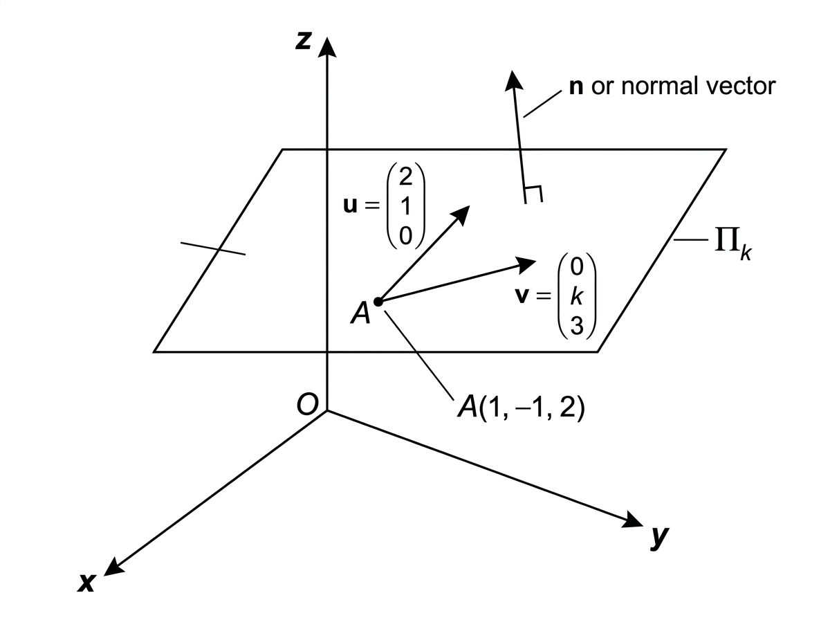 A three-dimensional sketch of a plane through point A. Two non-parallel direction arrows in the plane are labelled u and v, with the second direction depending on k. A normal vector is shown perpendicular to the plane.