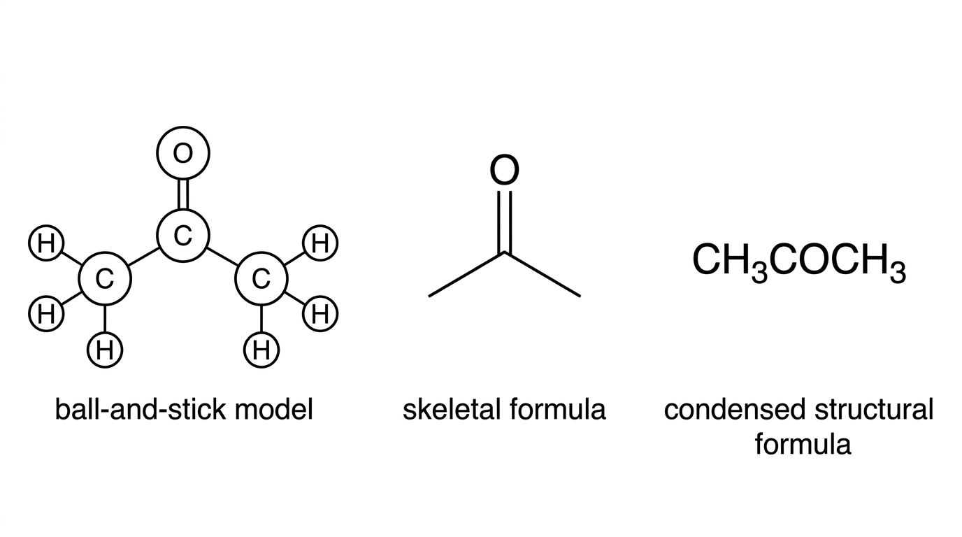 Three side-by-side representations of the same three-carbon ketone: ball-and-stick model, skeletal line-angle formula with C=O shown, and condensed formula; labels identify the representation type but not the compound name.