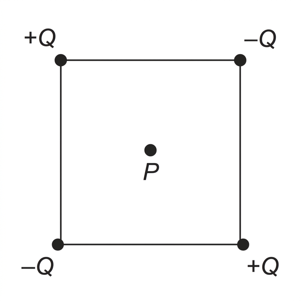 A square with four point charges at its corners. One diagonal pair is labelled $+Q$ and $+Q$; the other diagonal pair is labelled $-Q$ and $-Q$. A point at the centre is labelled $P$. All four corners are the same distance from $P$. No field arrows are shown.