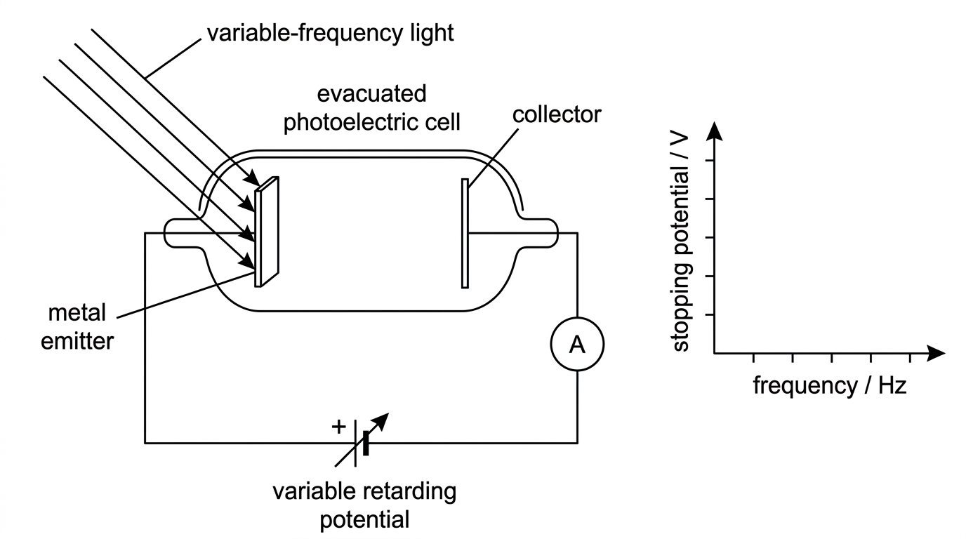 A photoelectric cell circuit with variable-frequency light incident on a metal emitter, a collector, variable retarding potential and ammeter; include an associated blank axes inset for Vs against f.