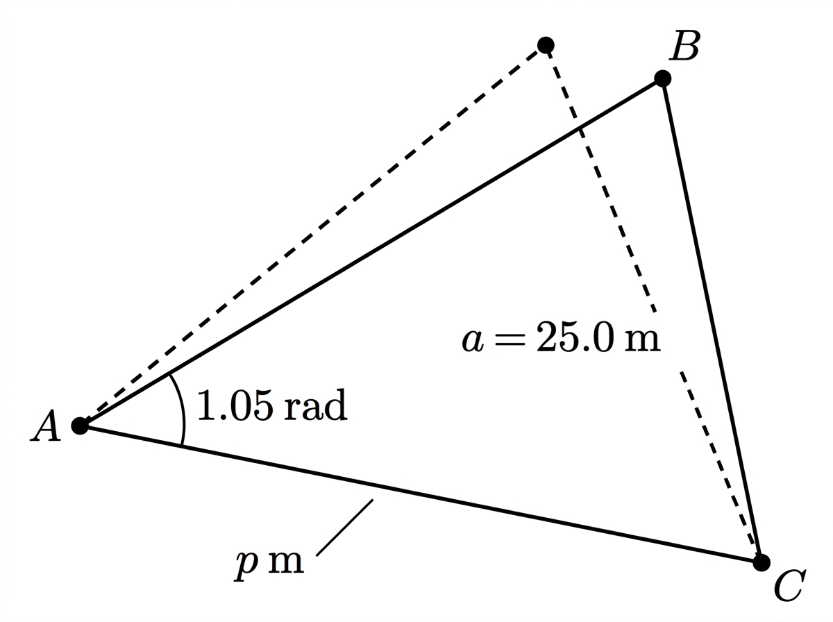 A clearly labelled, not-to-scale schematic of triangle $ABC$ with fixed angle $A$ and fixed opposite side $a$. Show the two possible positions of vertex $B$ on the same ray from $A$, with one position nearer to $A$ and the other farther from $A$, and show the corresponding side $b$ consistently labelled $p$. Do not draw the alternative $AB$ segment at a different angle from the original $AB$ segment.