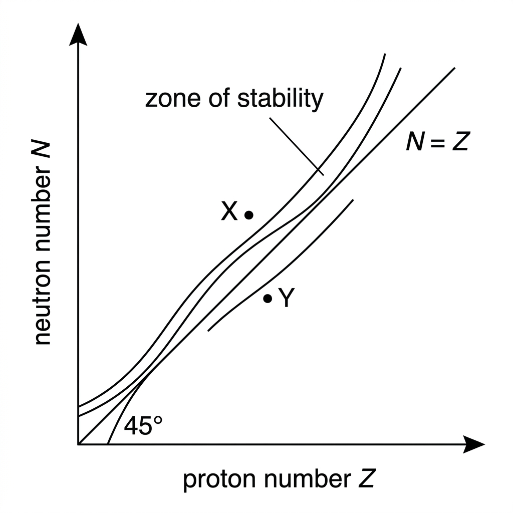 A neutron-number versus proton-number diagram with a curved shaded band labelled zone of stability. The line N = Z is shown for reference. Point X is clearly above the stability band, neutron-rich. Point Y is clearly below the stability band, proton-rich.