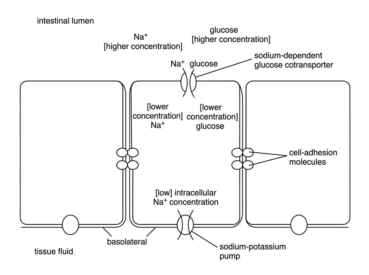 A simplified epithelial cell with an apical membrane facing the intestinal lumen and a basolateral membrane facing tissue fluid. The apical membrane contains sodium-dependent glucose cotransporters and the basolateral membrane contains sodium-potassium pumps. Adjacent epithelial cells are shown connected by membrane proteins labelled cell-adhesion molecules. Ion and glucose concentration differences are indicated qualitatively, without arrows showing the answer.