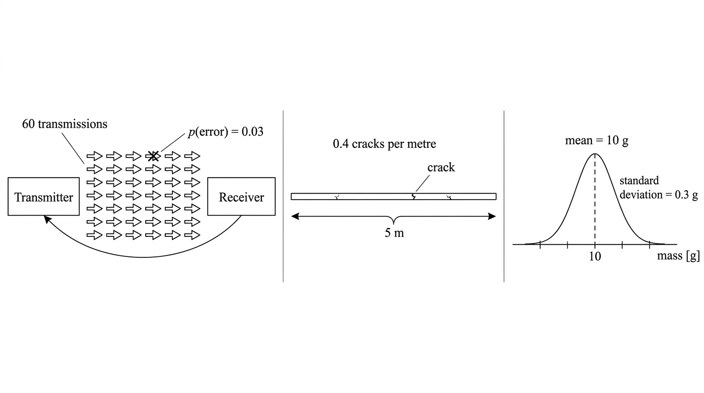 A three-panel process diagram showing 60 transmissions schematically (the icons are not intended to be one-for-one), a measured 5 m cable, and continuous component mass measurements. The transmission panel has no receiver-to-transmitter feedback arrow.