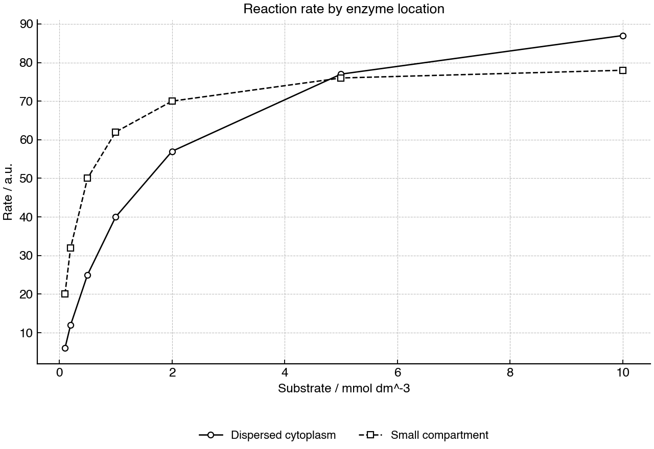Reaction rate at different substrate concentrations for two enzyme-organization models.