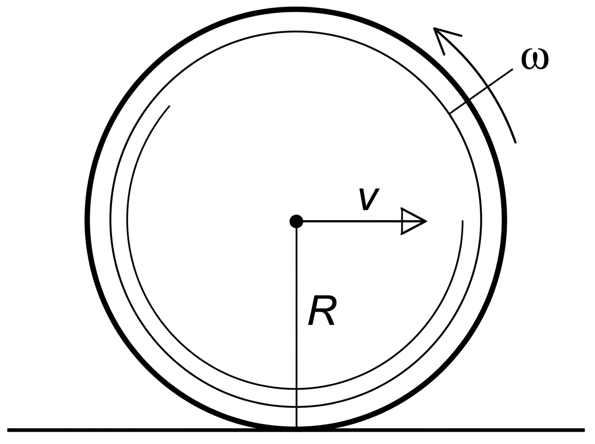 Side-view diagram of a hoop rolling without slipping on a horizontal surface, with centre-of-mass speed v and angular speed omega labelled.