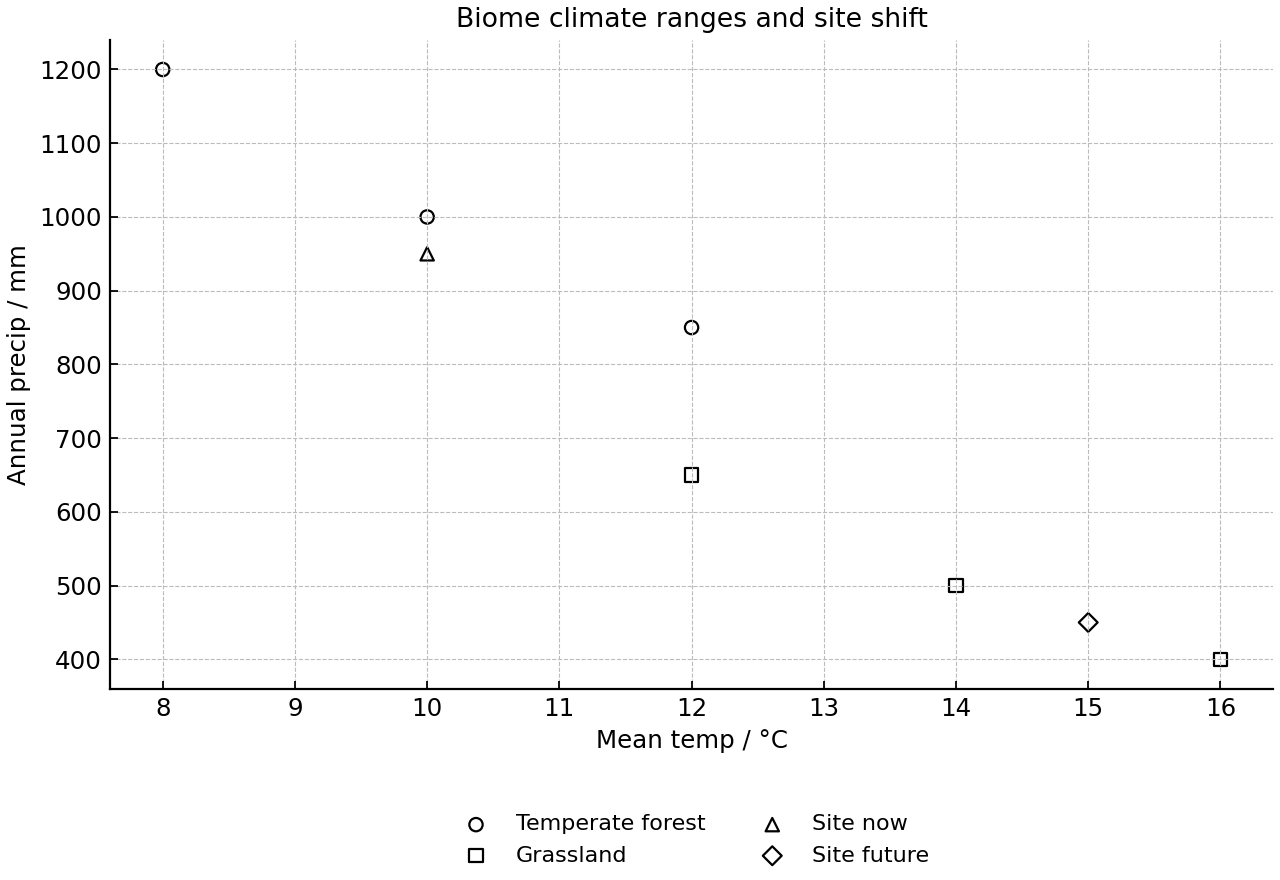 Climate scatter of biome ranges and a site shifting to drier, warmer conditions.