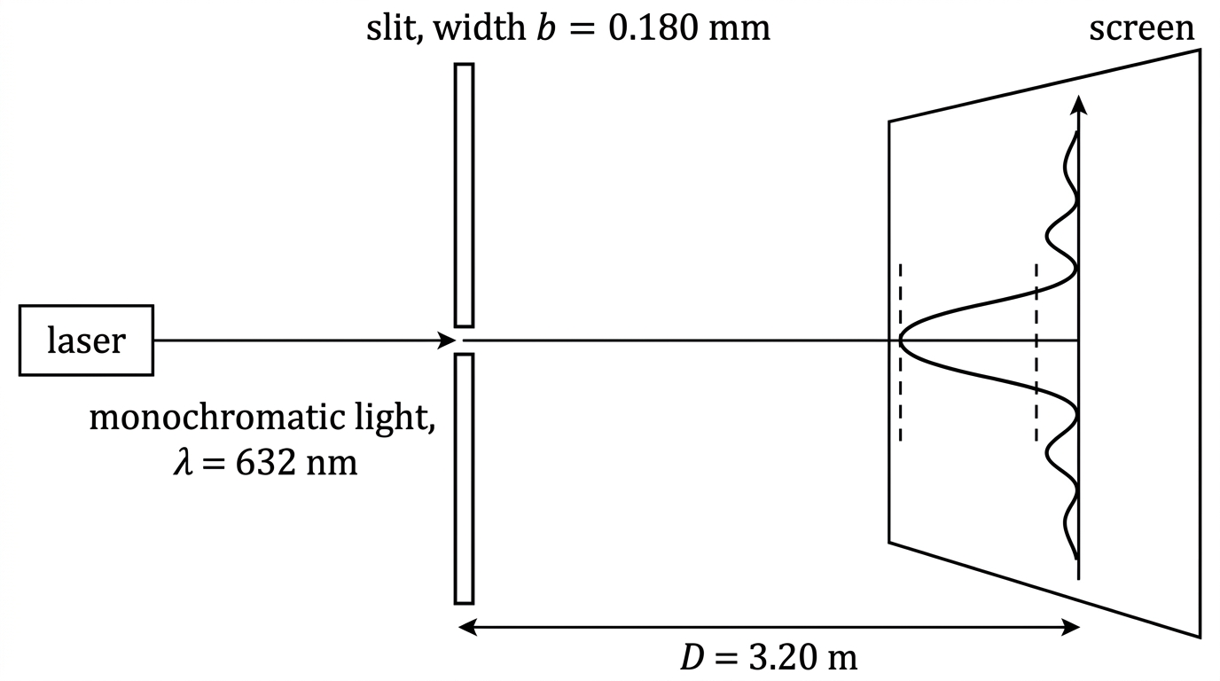 A single-slit diffraction arrangement with a laser beam incident normally on one narrow vertical rectangular slit. A screen is placed far to the right. On the screen is an intensity pattern with a central maximum and weaker side maxima; the positions of the first minima on either side of the centre are indicated but not labelled numerically.