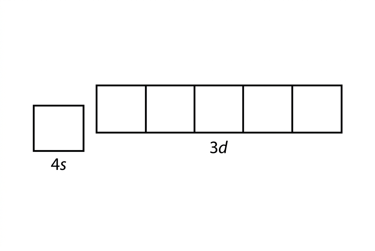 An arrow-in-box template with one box labelled 4s and five adjacent boxes labelled 3d. The 4s box is slightly lower or similar in vertical position to indicate relative filling, and all boxes are empty. The template provides space for students to draw electron arrows.