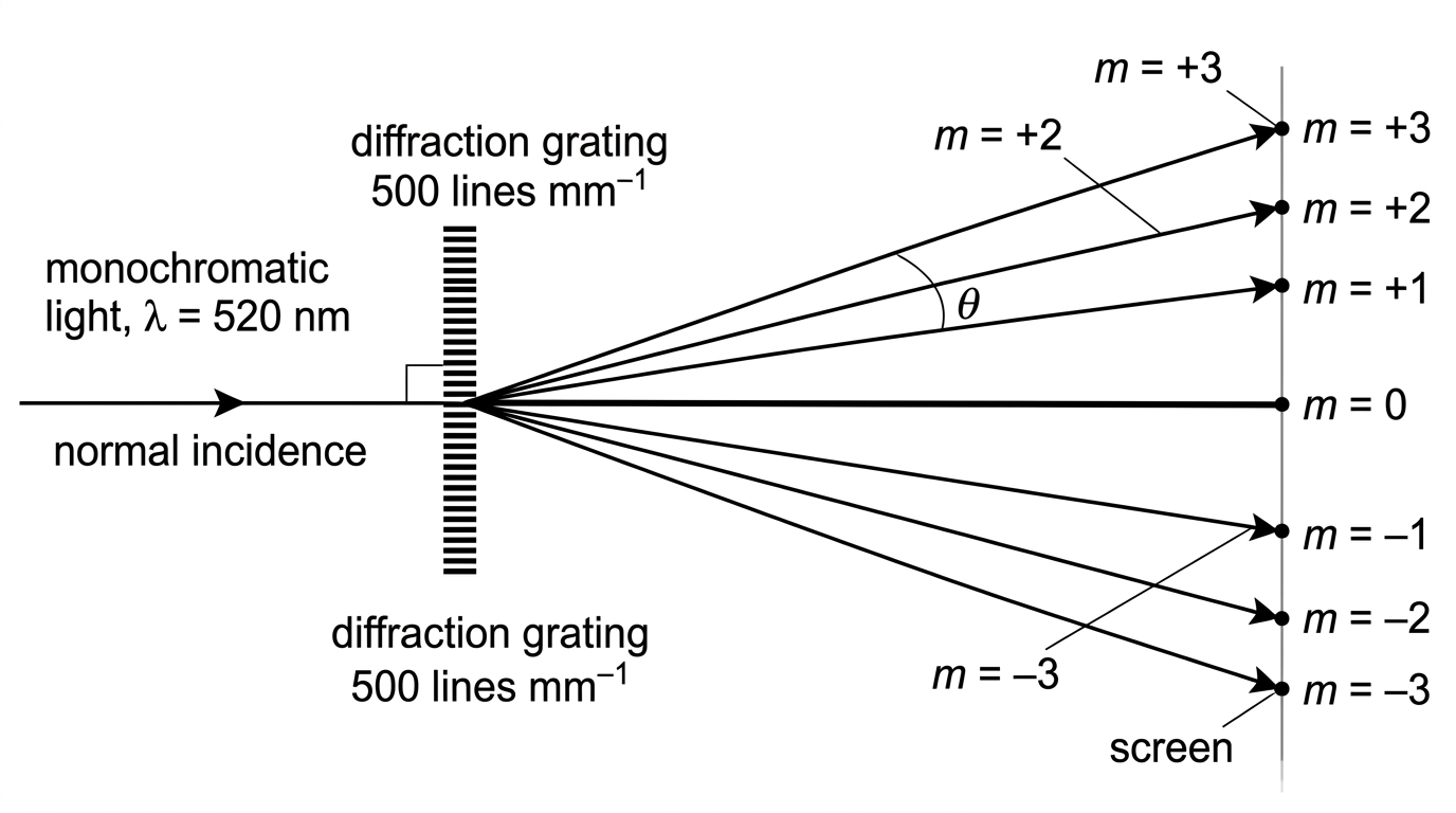 A diffraction grating arrangement with normally incident monochromatic light and a distant screen or angular scale. A central maximum is shown on the axis and first- and higher-order maxima appear symmetrically on both sides. Angles are measured from the central axis to a selected order.