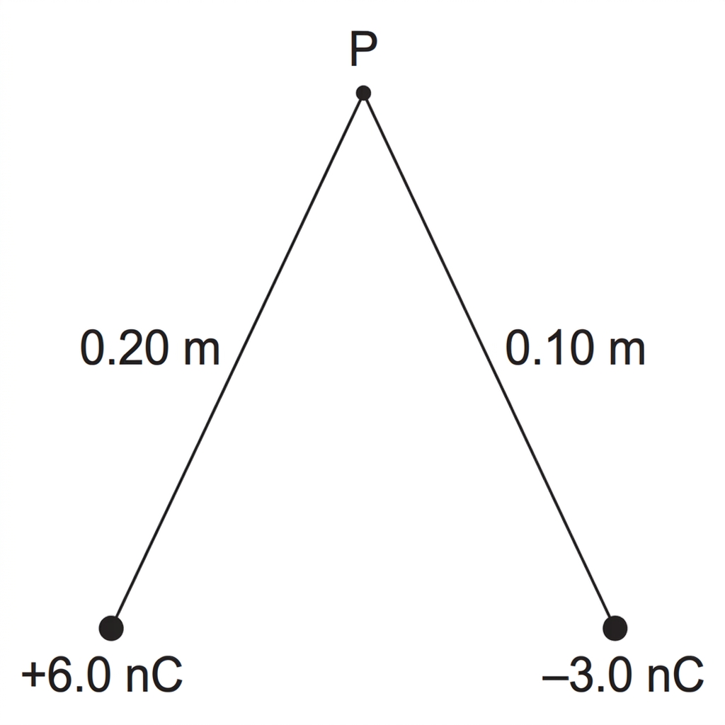 A triangular arrangement showing two point charges and point P. Each charge is joined to P by a labelled distance line. The signs of the charges are labelled. No field arrows or equipotential lines are shown.