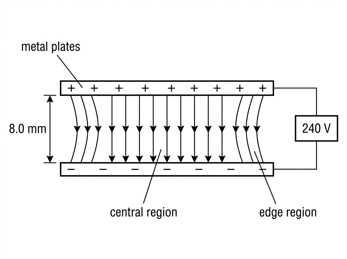 Side view of two oppositely charged parallel plates connected to a supply, with central region and edge regions identifiable.