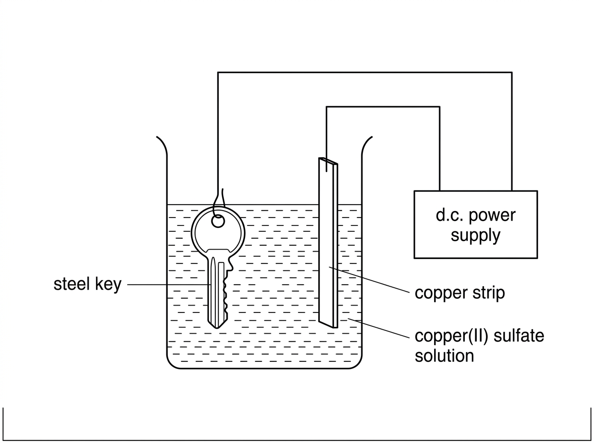 An electrolytic electroplating cell with a beaker of copper(II) sulfate solution, a steel key and a copper strip connected to a DC power supply. The diagram should not label which electrode is positive or negative, and should leave space for students to identify anode, cathode and electron supply.